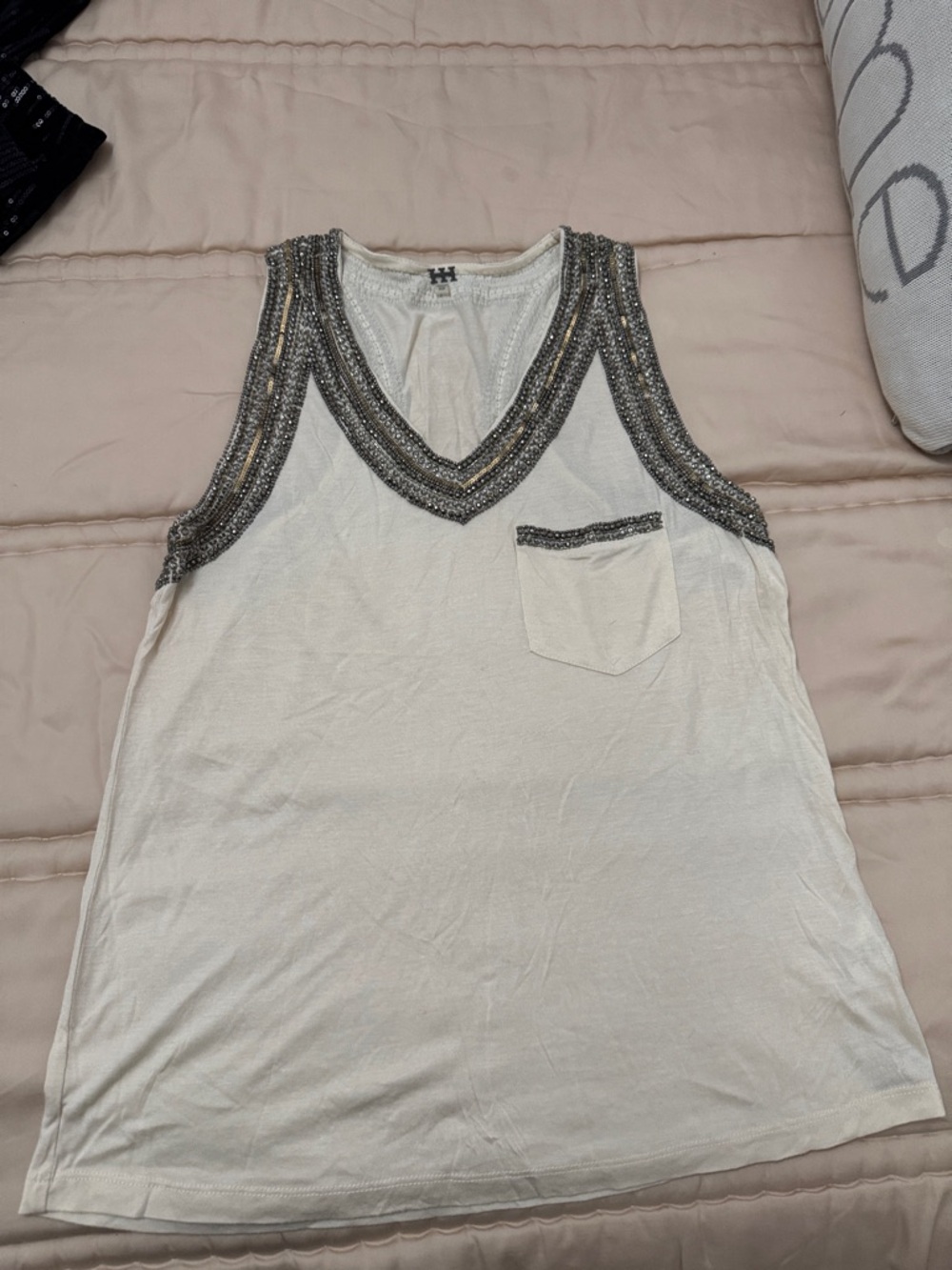 Haute Hippie Ivory Tank with Beaded V-Neck